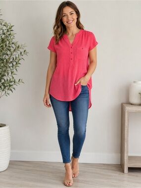 Red Coral Pink Textured Short Sleeve Tunic Blouse Size Small
